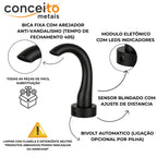 Torneira com sensor anti vandalismo em latão preto - 35010: detalhes: bica fixa com arejador, módulo eletrônico e sensor