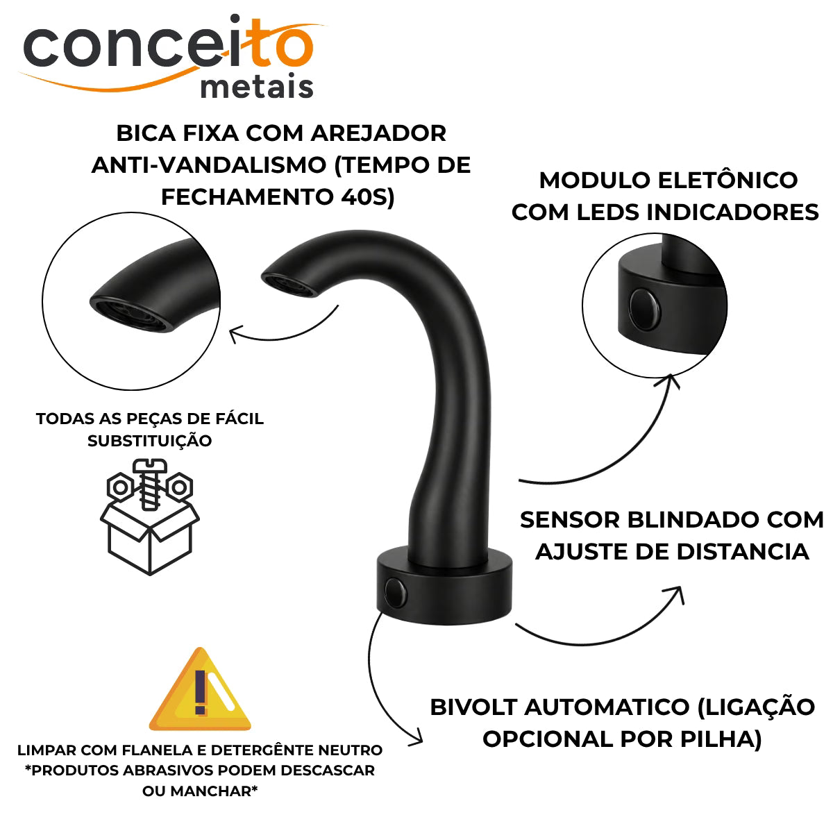 Torneira com sensor anti vandalismo em latão preto - 35010: detalhes: bica fixa com arejador, módulo eletrônico e sensor