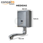 Torneira com sensor de parede cinza fabricada em aço inox - 35011: medidas 11,8 x 6,6 x 17,4 cm