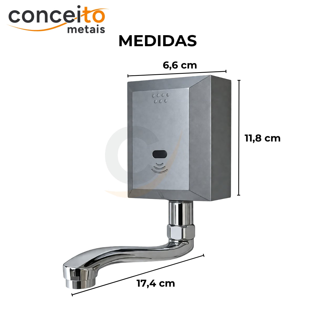 Torneira com sensor de parede cinza fabricada em aço inox - 35011: medidas 11,8 x 6,6 x 17,4 cm