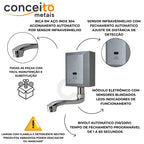 Torneira com sensor de parede cinza fabricada em aço inox - 35011: detalhes: bica inox, sensor infravermelho e módulo eletrônico