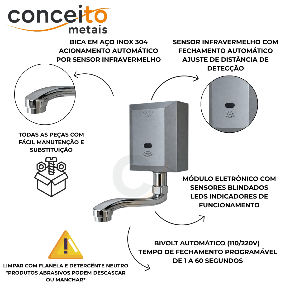 Torneira com sensor de parede cinza fabricada em aço inox - 35011: detalhes: bica inox, sensor infravermelho e módulo eletrônico