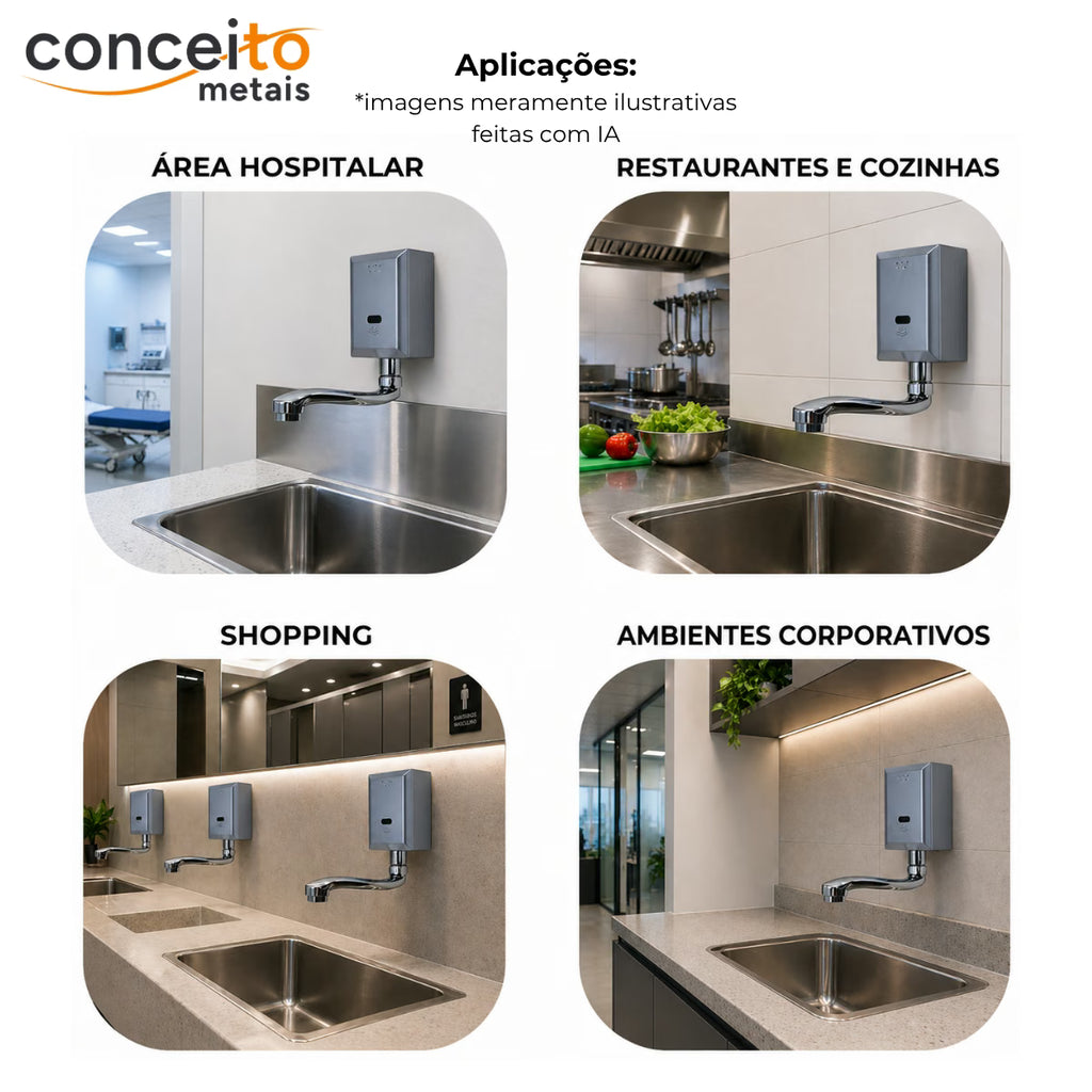 Torneira com sensor de parede cinza fabricada em aço inox - 35011: aplicações em área hospitalar, cozinhas, shopping e escritórios