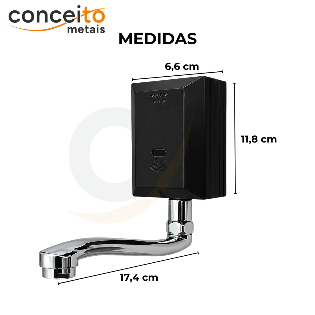 Torneira com sensor de parede preto fabricada em aço inox - 35012: medidas 11,8 x 6,6 x 17,4 cm