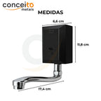 Torneira com sensor de parede preto fabricada em aço inox - 35012: medidas 11,8 x 6,6 x 17,4 cm