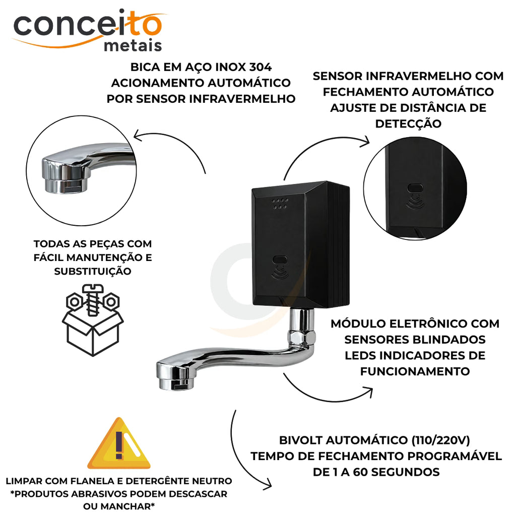 Torneira com sensor de parede preto fabricada em aço inox - 35012: detalhes: bica inox, sensor infravermelho e módulo eletrônico