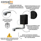 Torneira com sensor de parede preto fabricada em aço inox - 35012: detalhes: bica inox, sensor infravermelho e módulo eletrônico