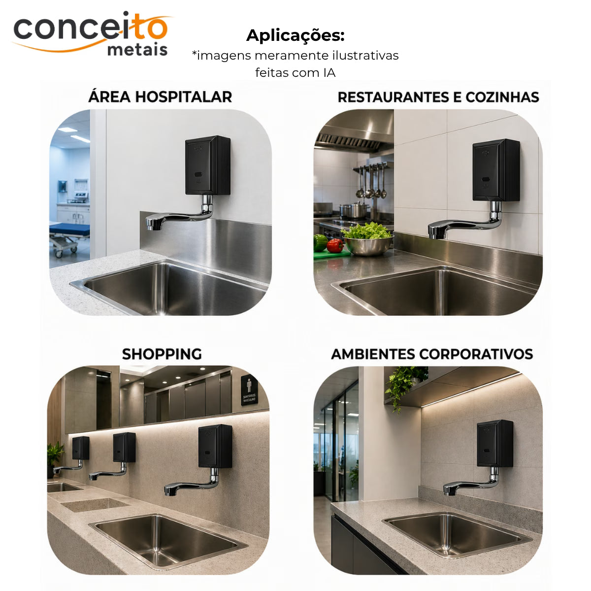 Torneira com sensor de parede preto fabricada em aço inox - 35012: aplicações em área hospitalar, cozinhas, shopping e escritórios