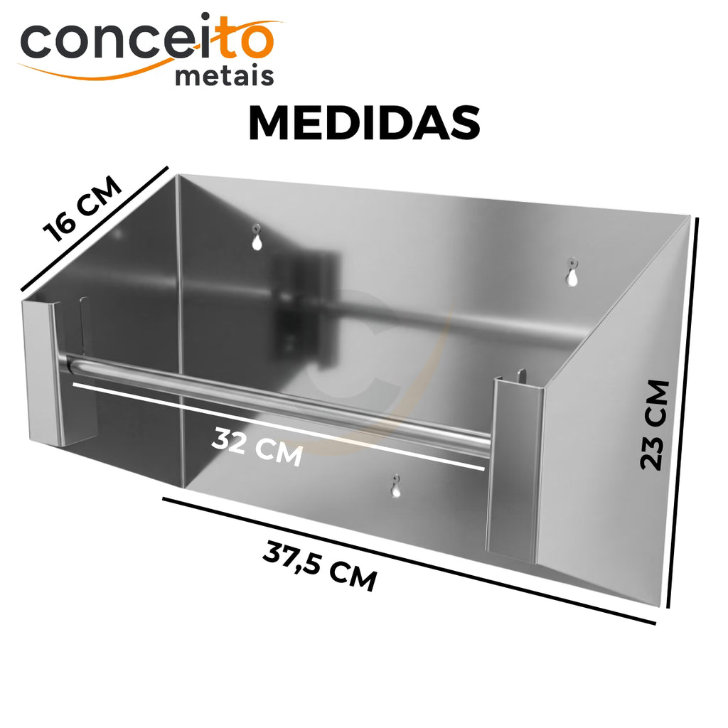 Suporte pano Perfex parede aço inox semi brilho higiênico para clínica - 37001: medidas