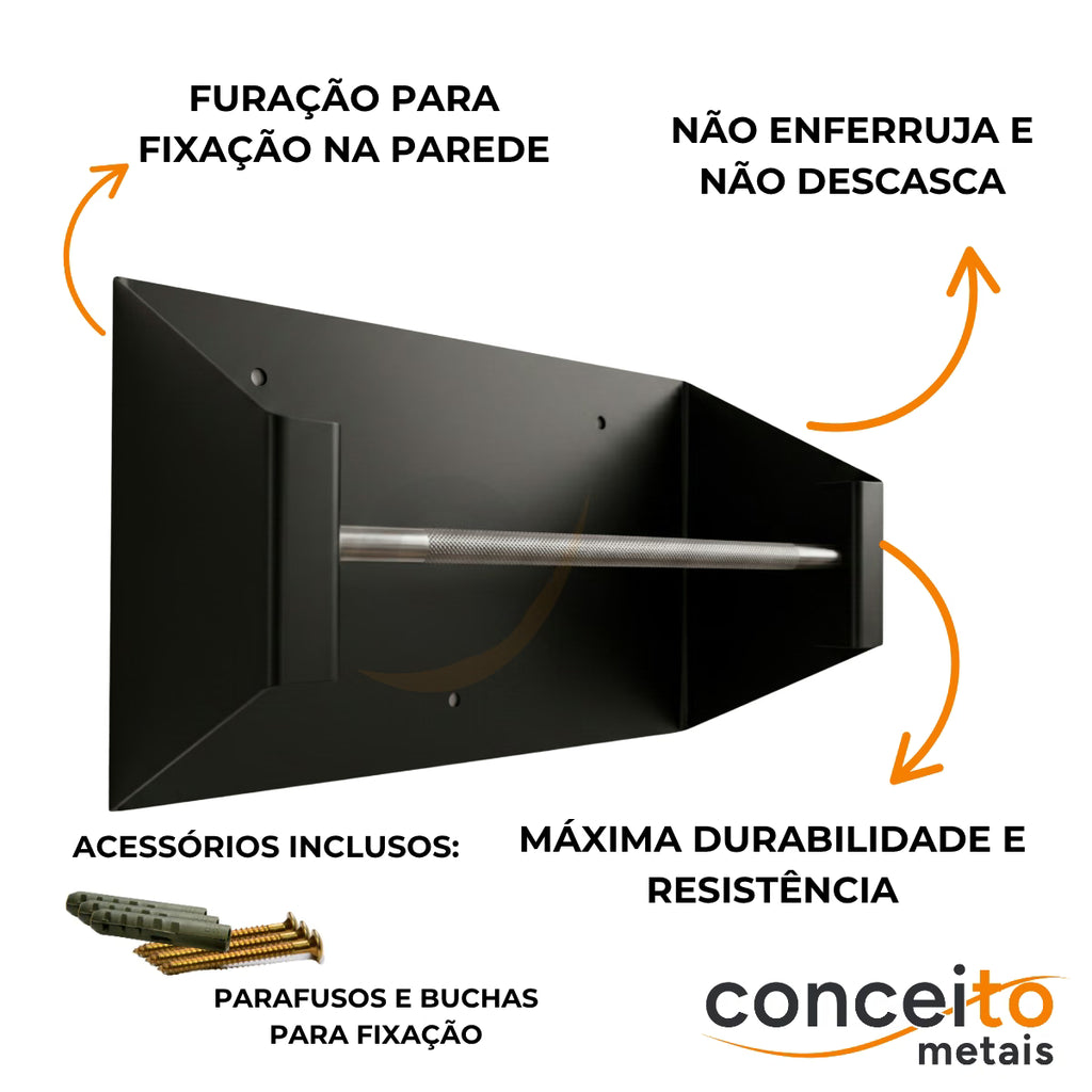 Suporte pano Perfex parede aço preto reforçado higiênico para clínica - 37003: furação para fixação, acessórios inclusos