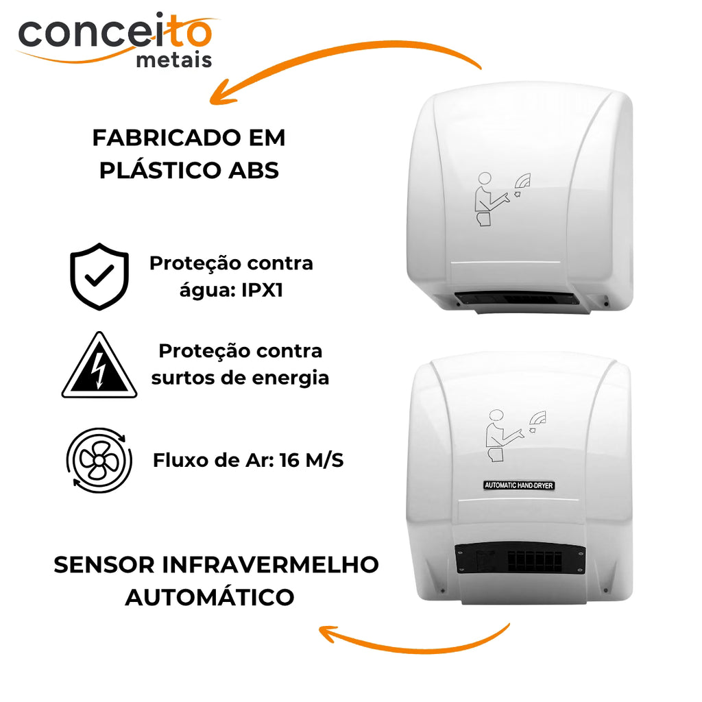 Secador de mãos automático Newdry com sensor - 39000: sensor infravermelho automático e proteções