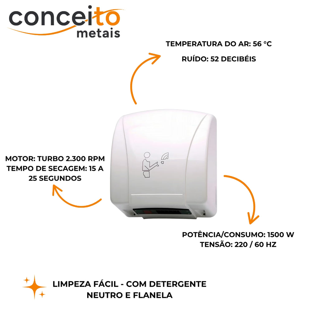 Secador de mãos automático Newdry com sensor - 39000: dados técnicos: potência, tensão e tempo de secagem