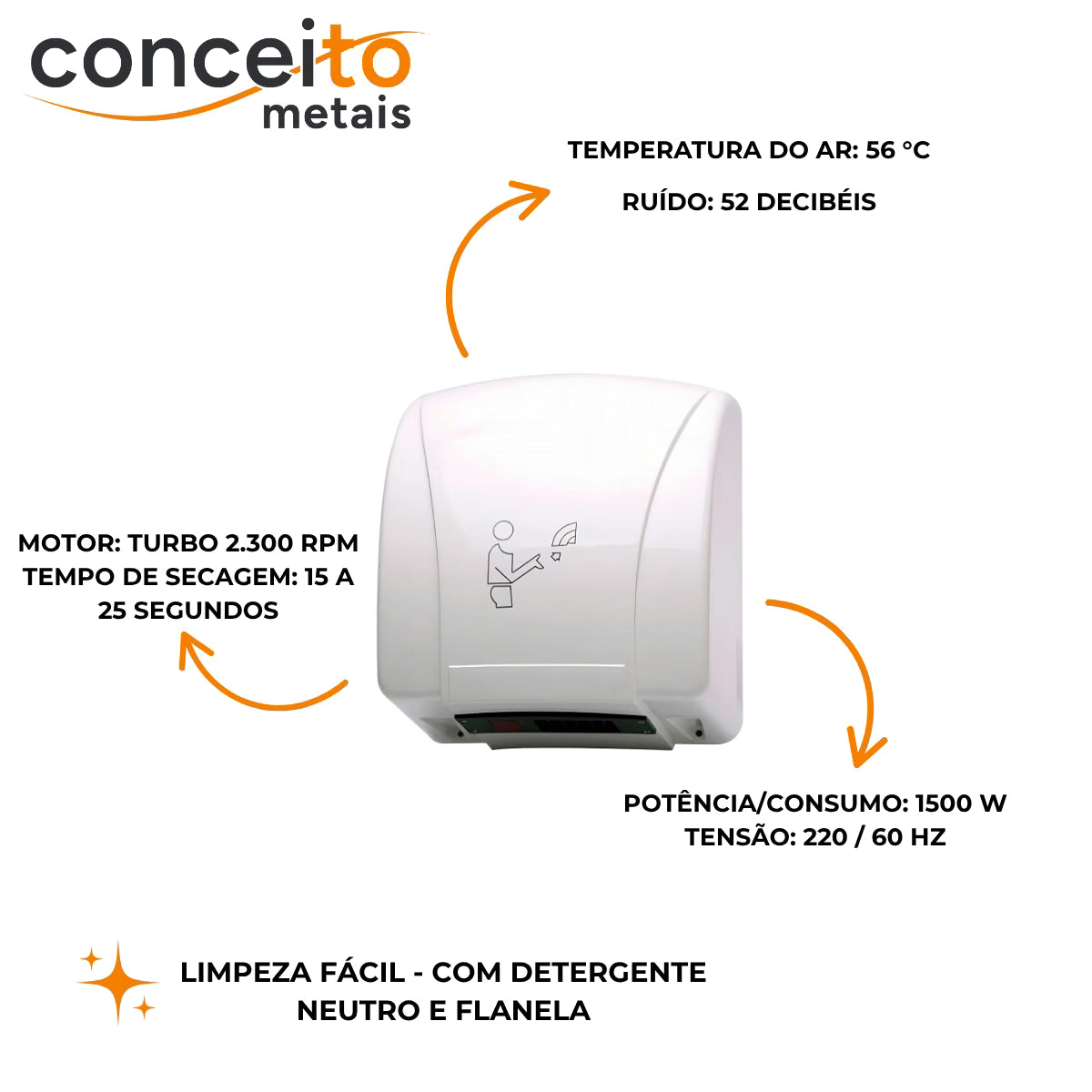 Secador de mãos automático Newdry com sensor - 39000: dados técnicos: potência, tensão e tempo de secagem