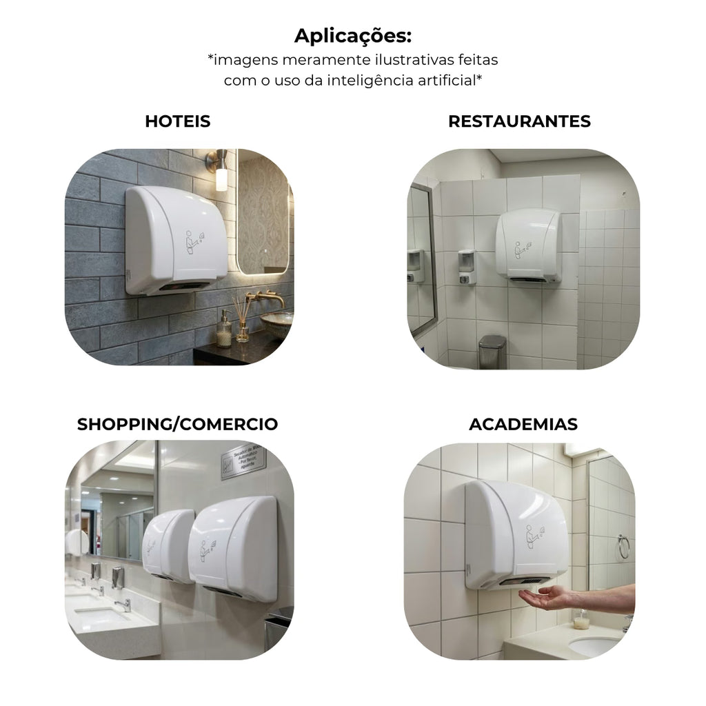 Secador de mãos automático Newdry com sensor - 39000: aplicações em hotéis, restaurantes, comércio e academias