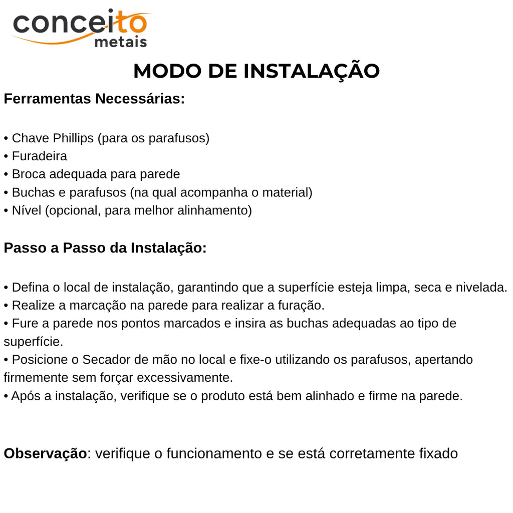 Secador de mãos automático Newdry com sensor - 39000: modo de instalação