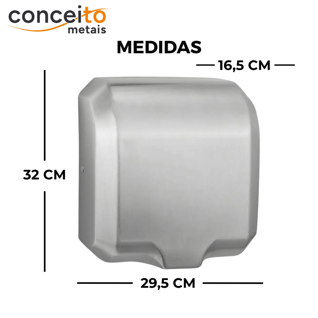 Secador de mãos automático parede aço inox escovado Jet Dry banheiro - 39001: medidas 32 x 29,5 x 16,5 cm