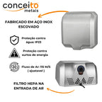 Secador de mãos automático parede aço inox escovado Jet Dry banheiro - 39001: detalhes: aço inox escovado, proteções e filtro HEPA