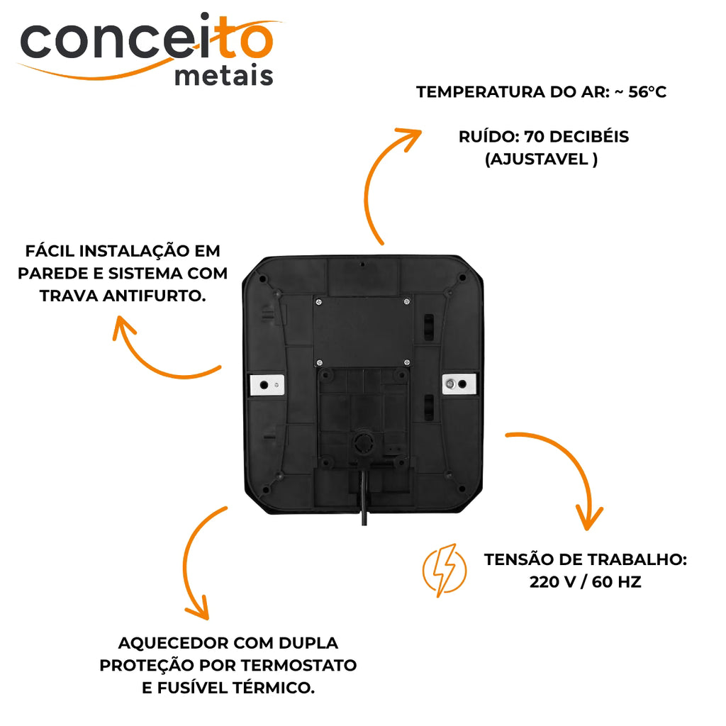 Secador de mãos automático parede aço inox escovado Jet Dry banheiro - 39001: vista traseira, temperatura, ruído e tensão