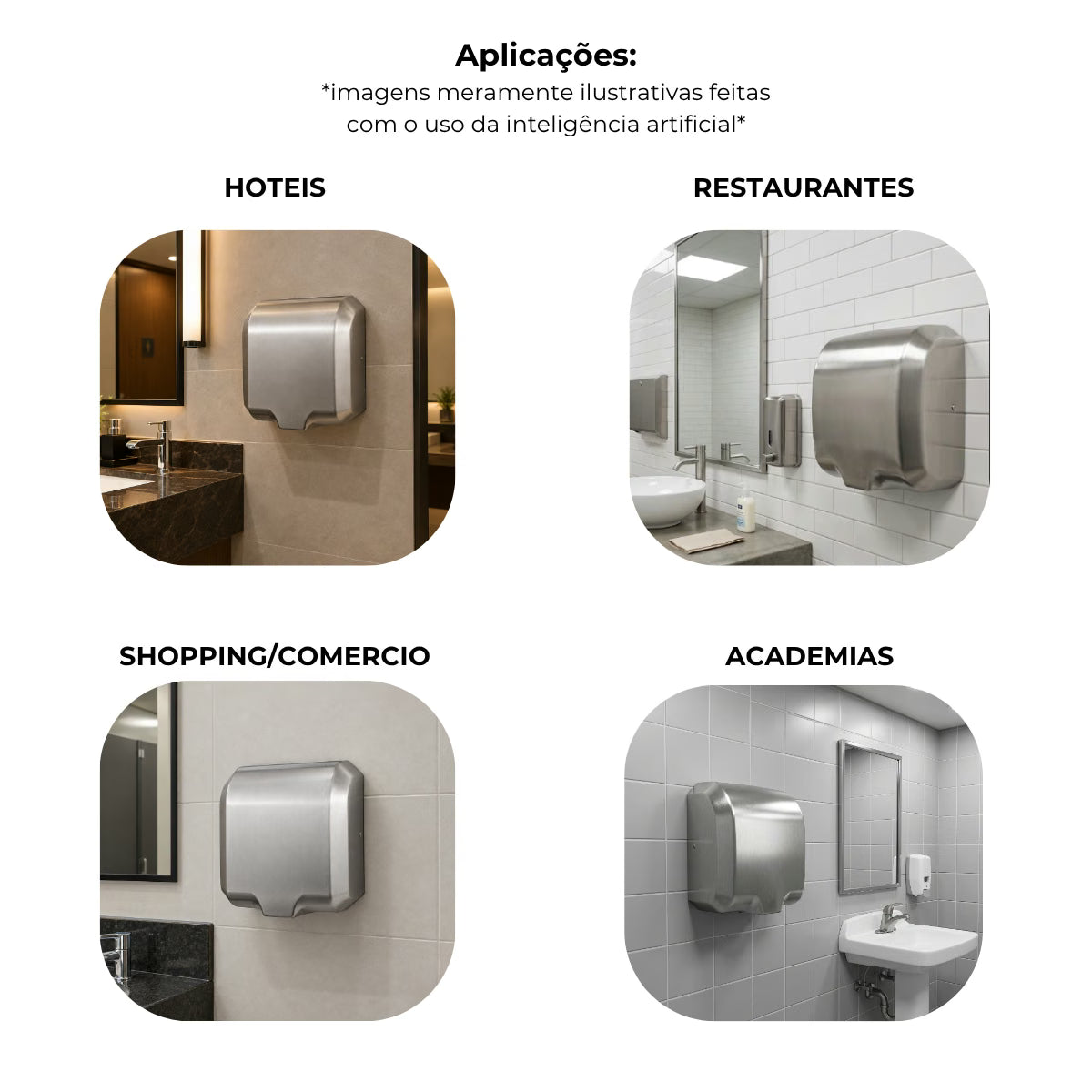 Secador de mãos automático parede aço inox escovado Jet Dry banheiro - 39001: aplicações em hotéis, restaurantes, comércio e academias