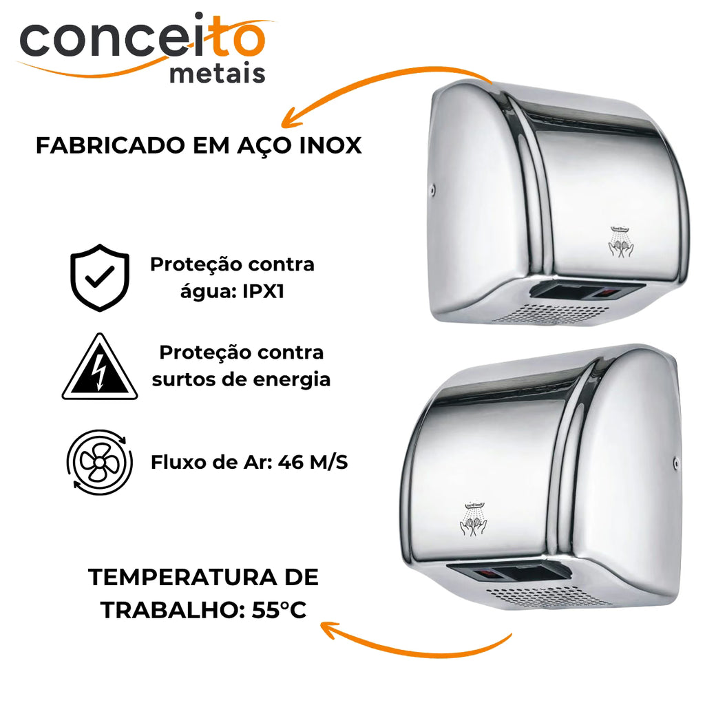 Secador de mãos automático parede aço inox PowerClean banheiro - 39002: detalhes: aço inox e proteções