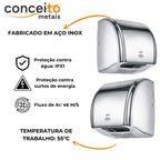 Secador de mãos automático parede aço inox PowerClean banheiro - 39002: detalhes: aço inox e proteções