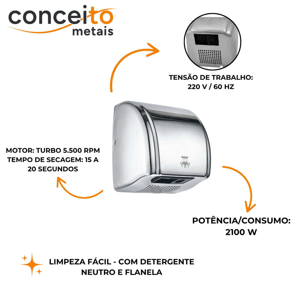 Secador de mãos automático parede aço inox PowerClean banheiro - 39002: dados técnicos: tensão, potência e tempo de secagem
