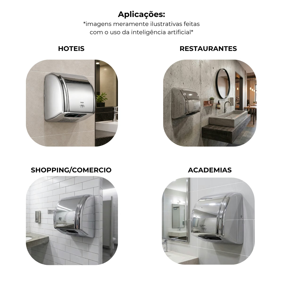 Secador de mãos automático parede aço inox PowerClean banheiro - 39002: aplicações em hotéis, restaurantes, comércio e academias
