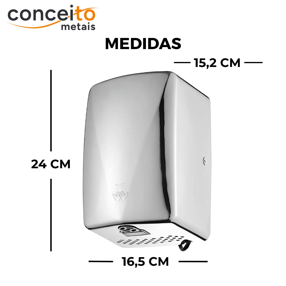 Secador de mãos automático parede aço inox escovado 304 banheiro - 39003: medidas 24 x 16,5 x 15,2 cm