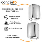 Secador de mãos automático parede aço inox escovado 304 banheiro - 39003: detalhes: aço inox escovado 304 e filtro antibacteriano