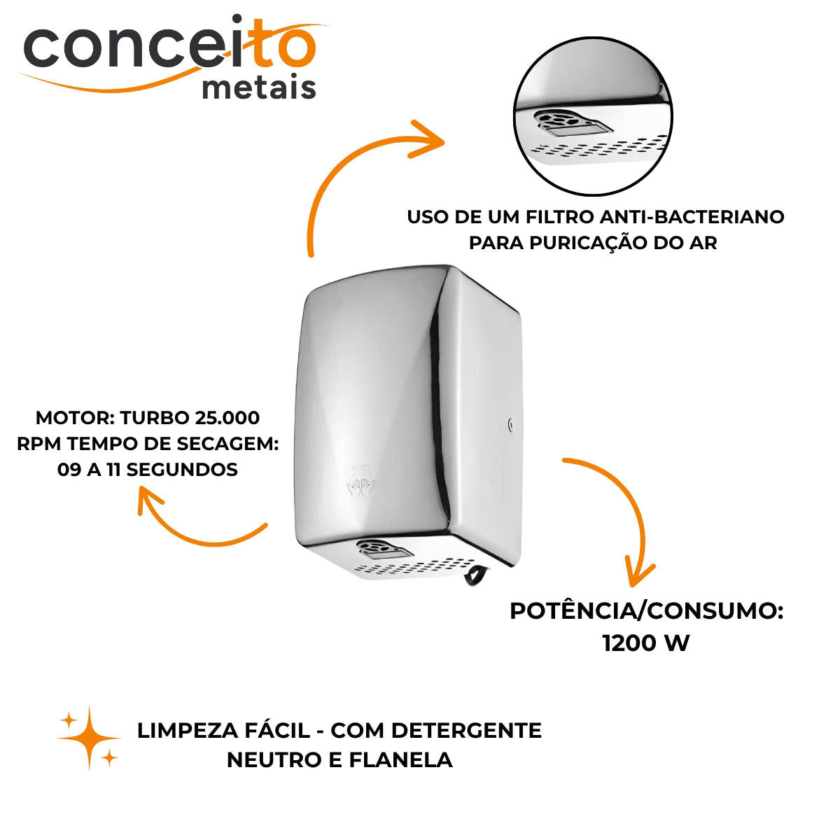 Secador de mãos automático parede aço inox escovado 304 banheiro - 39003: dados técnicos: motor, potência e tempo de secagem