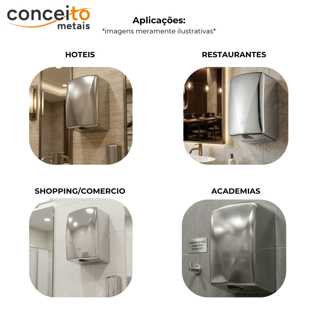 Secador de mãos automático parede aço inox escovado 304 banheiro - 39003: aplicações em hotéis, restaurantes, comércio e academias