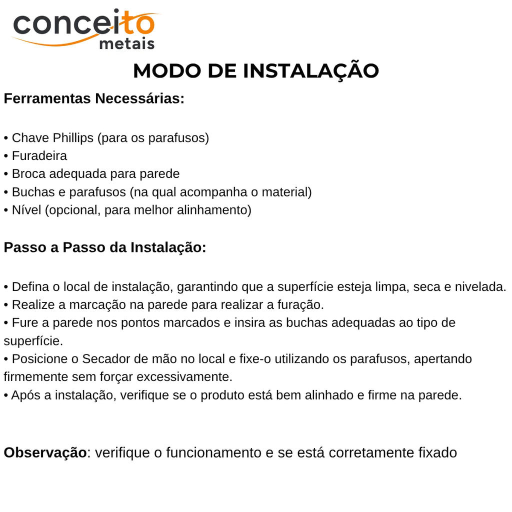 Secador de mãos automático parede aço inox escovado 304 banheiro - 39003: modo de instalação