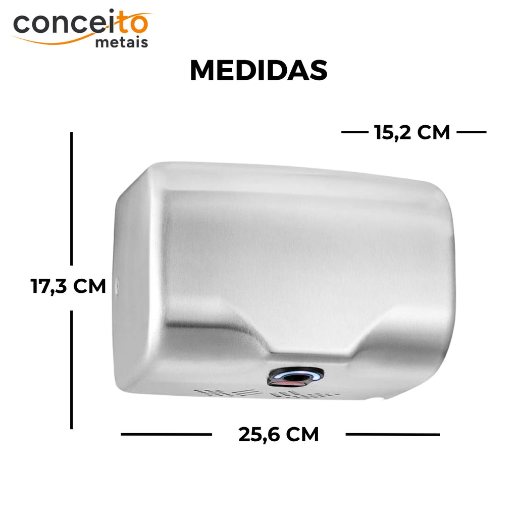 Secador de mãos automático DryPlus parede aço inox 304 banheiro - 39004: medidas 17,3 x 25,6 x 15,2 cm