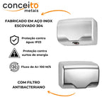 Secador de mãos automático DryPlus parede aço inox 304 banheiro - 39004: detalhes: aço inox escovado 304 e filtro antibacteriano