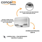 Secador de mãos automático DryPlus parede aço inox 304 banheiro - 39004: dados técnicos: motor, potência e tempo de secagem