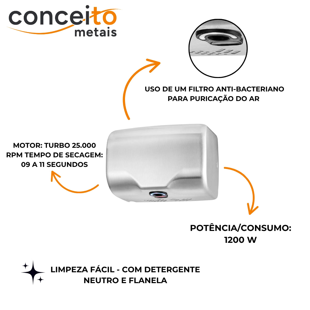 Secador de mãos automático DryPlus parede aço inox 304 banheiro - 39004: dados técnicos: motor, potência e tempo de secagem