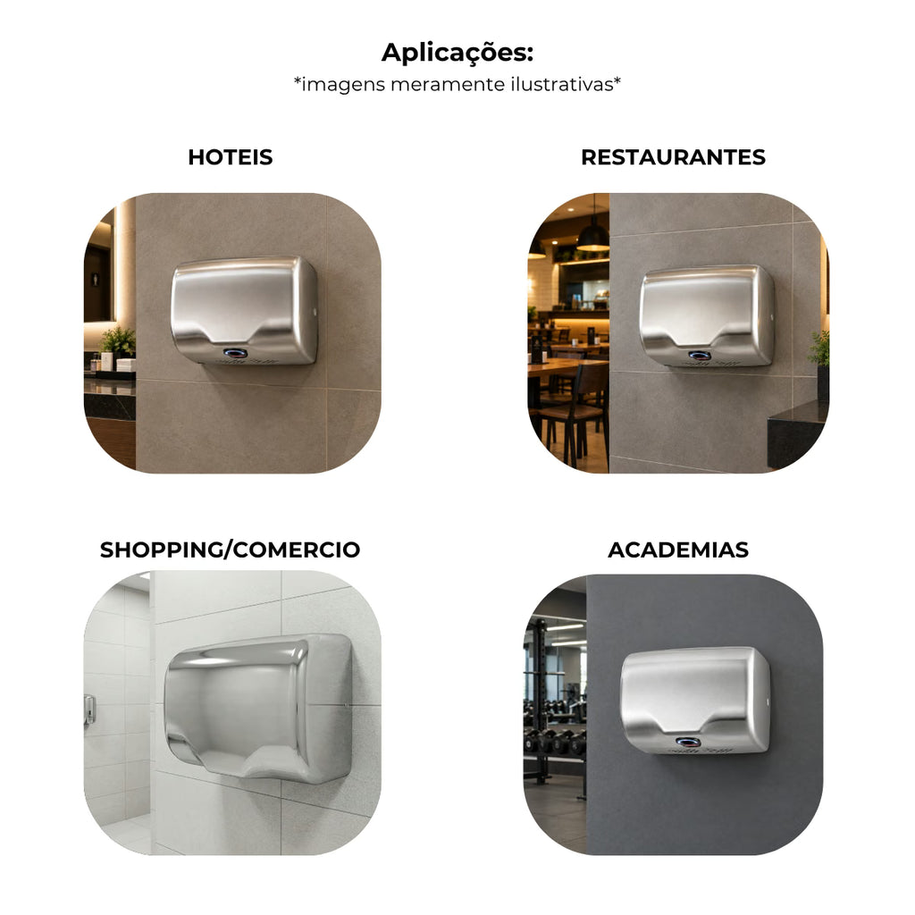 Secador de mãos automático DryPlus parede aço inox 304 banheiro - 39004: aplicações em hotéis, restaurantes, comércio e academias