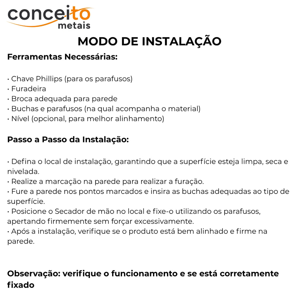 Secador de mãos automático DryPlus parede aço inox 304 banheiro - 39004: modo de instalação