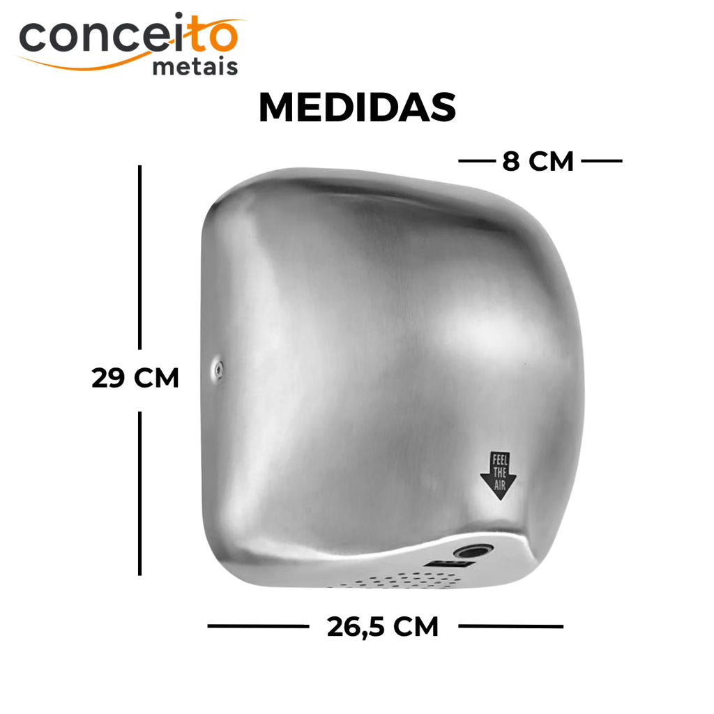 Secador de mãos automático parede aço inox banheiro - 39005: medidas 29 x 26,5 x 8 cm