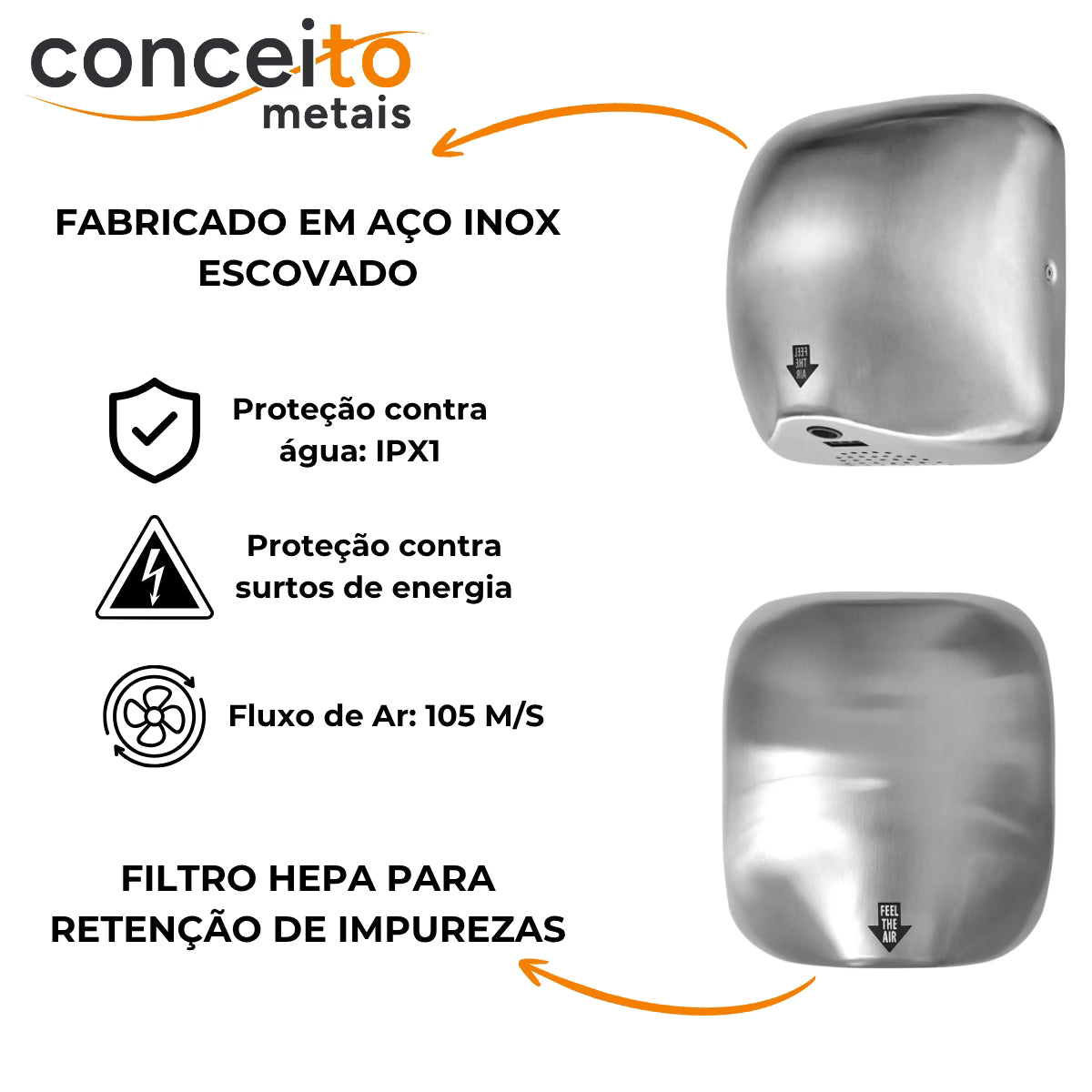 Secador de mãos automático parede aço inox banheiro - 39005: detalhes: aço inox escovado, proteções e filtro HEPA
