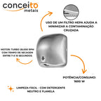 Secador de mãos automático parede aço inox banheiro - 39005: dados técnicos: motor, potência e tempo de secagem