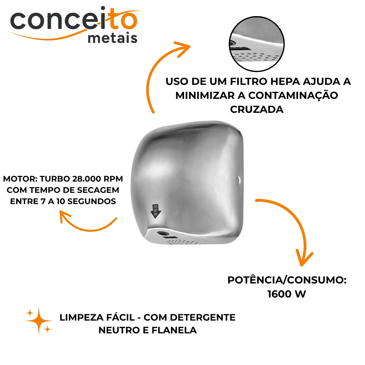 Secador de mãos automático parede aço inox banheiro - 39005: dados técnicos: motor, potência e tempo de secagem