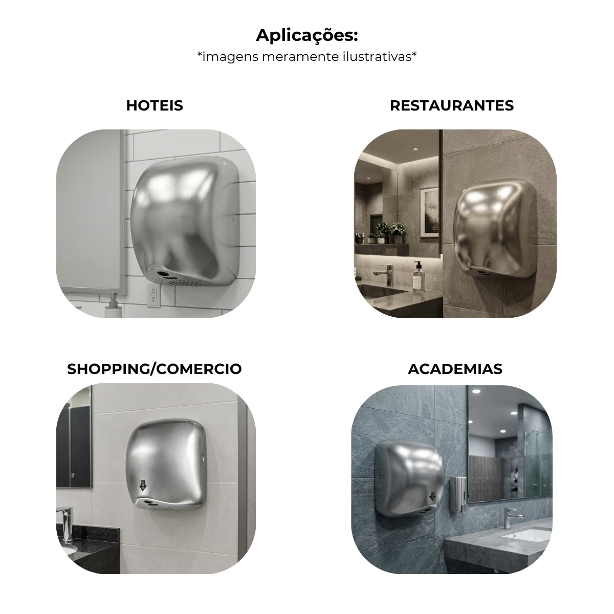 Secador de mãos automático parede aço inox banheiro - 39005: aplicações em hotéis, restaurantes, comércio e academias