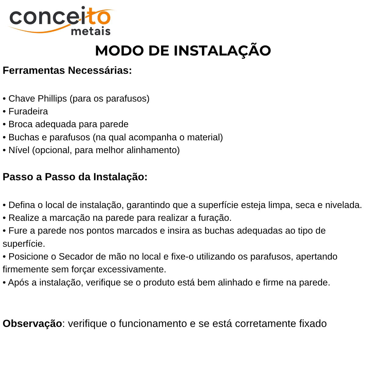 Secador de mãos automático parede aço inox banheiro - 39005: modo de instalação