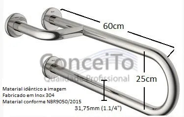 Barra de apoio de 60cm inox 304 fixa para banheiro com reforço lateral - 1021 - Conceito Metais (foto 2)