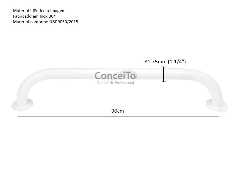 Barra de apoio para banheiro em inox 304 reta 90cm branca - 3909 - Conceito Metais (foto 2)