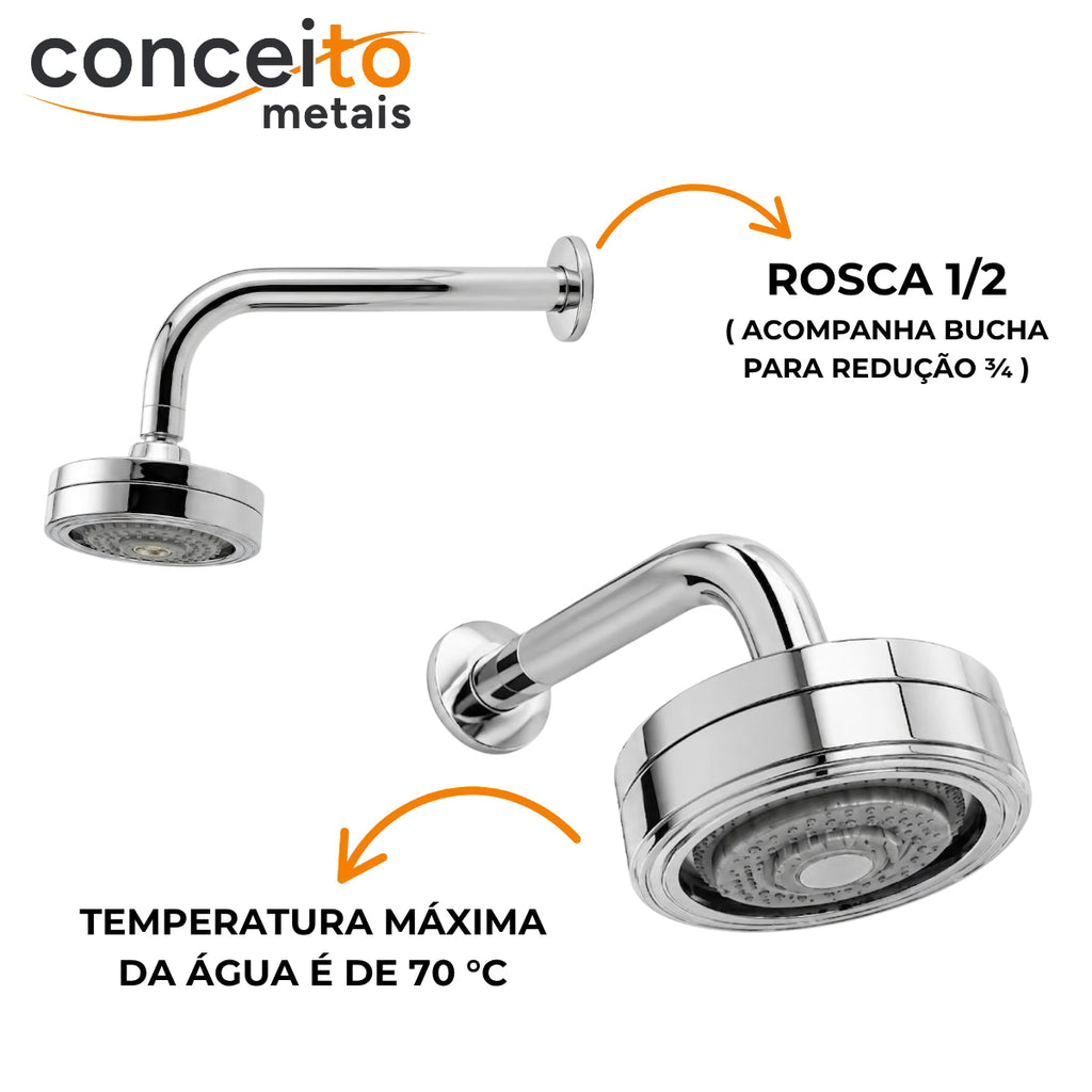 Ducha parede metal autolimpante cromado aquecimento solar - 40266: rosca, bucha e temperatura máxima