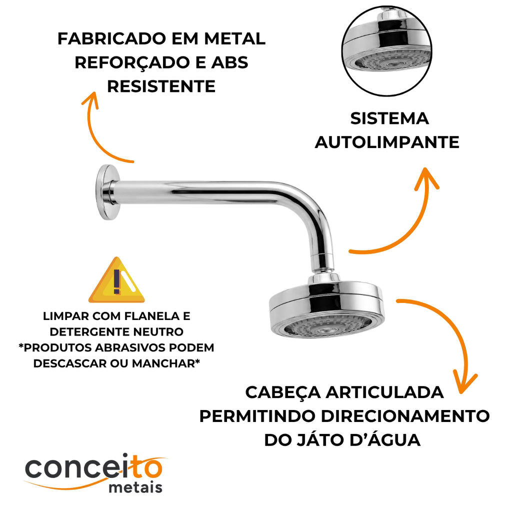 Ducha parede metal autolimpante cromado aquecimento solar - 40266: sistema autolimpante e cabeça articulada