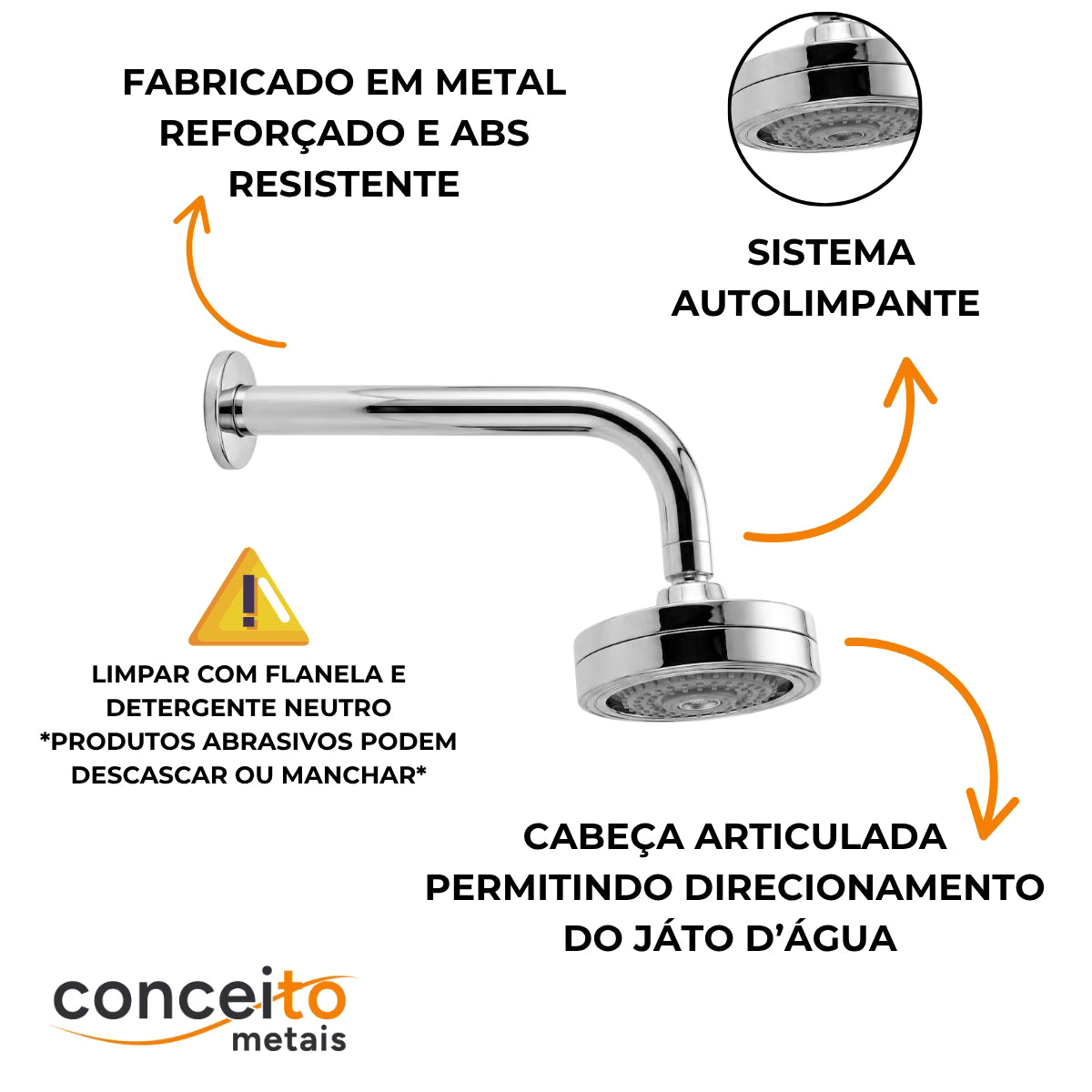 Ducha parede metal autolimpante cromado aquecimento solar - 40266: sistema autolimpante e cabeça articulada