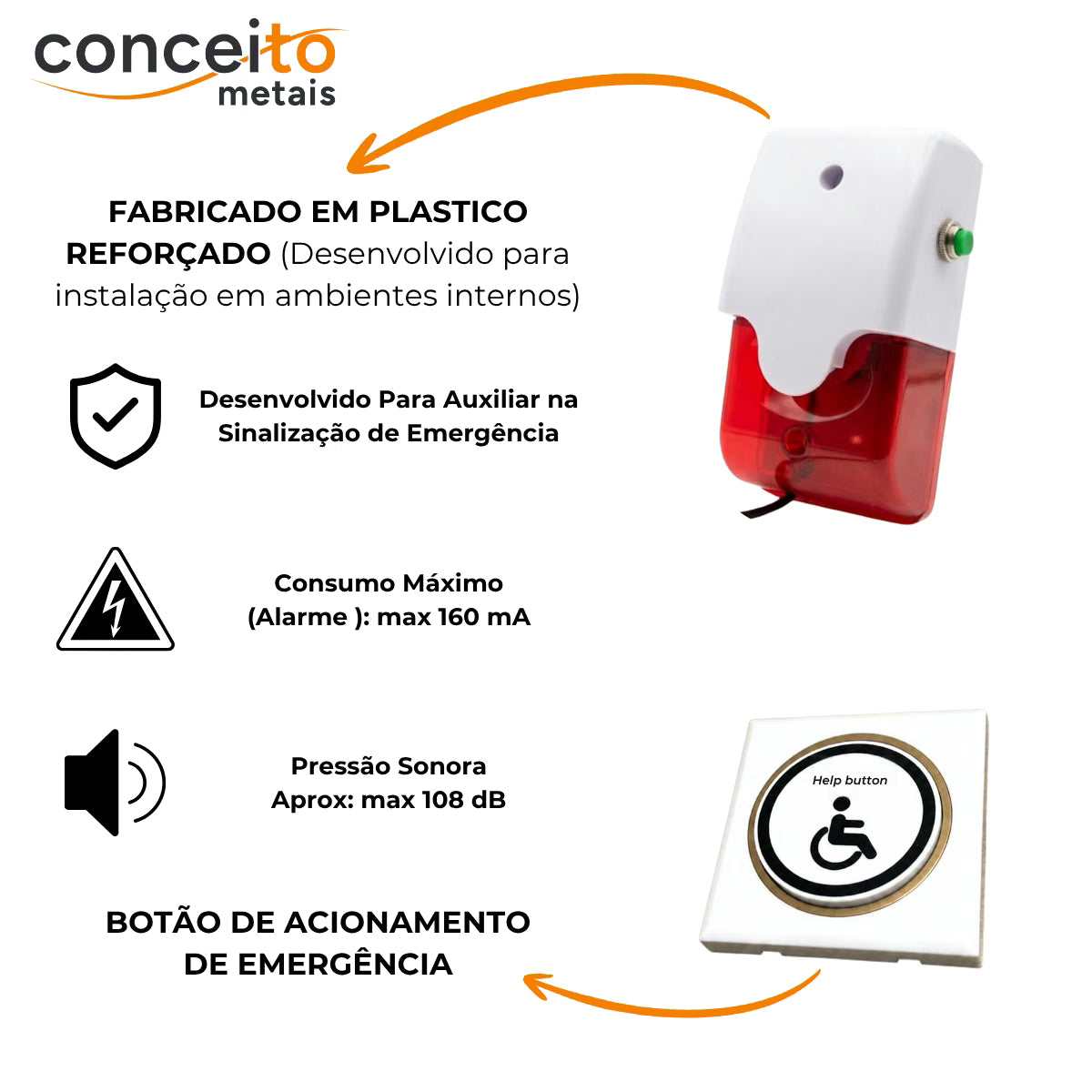 Alarme audiovisual PNE com botão de acionamento - 41011: características